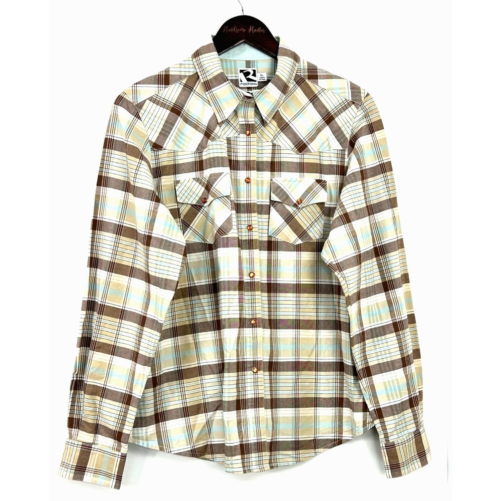 Rockies Western Snap Shirt Women XL Blue Beige Brown Cowgirl Western Button Up